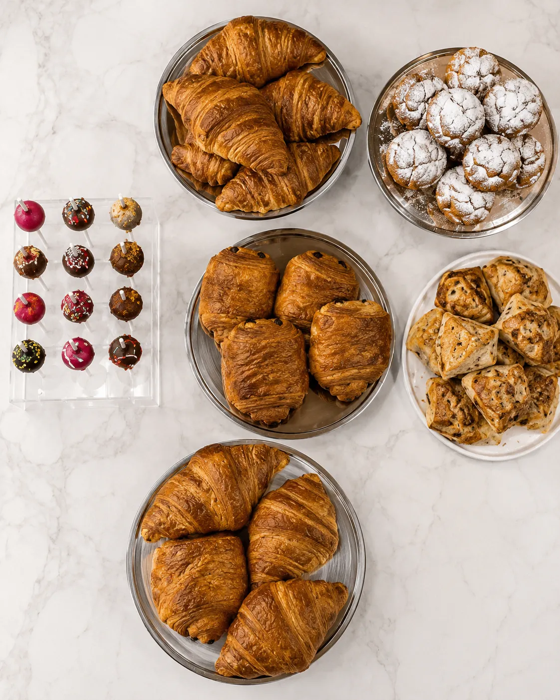 The pastry display at Dura Coffee — croissants and cookies behind glass